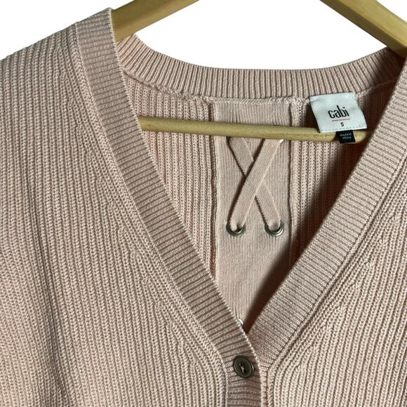 Cabi 3357 Blush Pink Ribbed Knit Lace Up Button Front Cardigan Sweater Size S - Picture 6 of 13